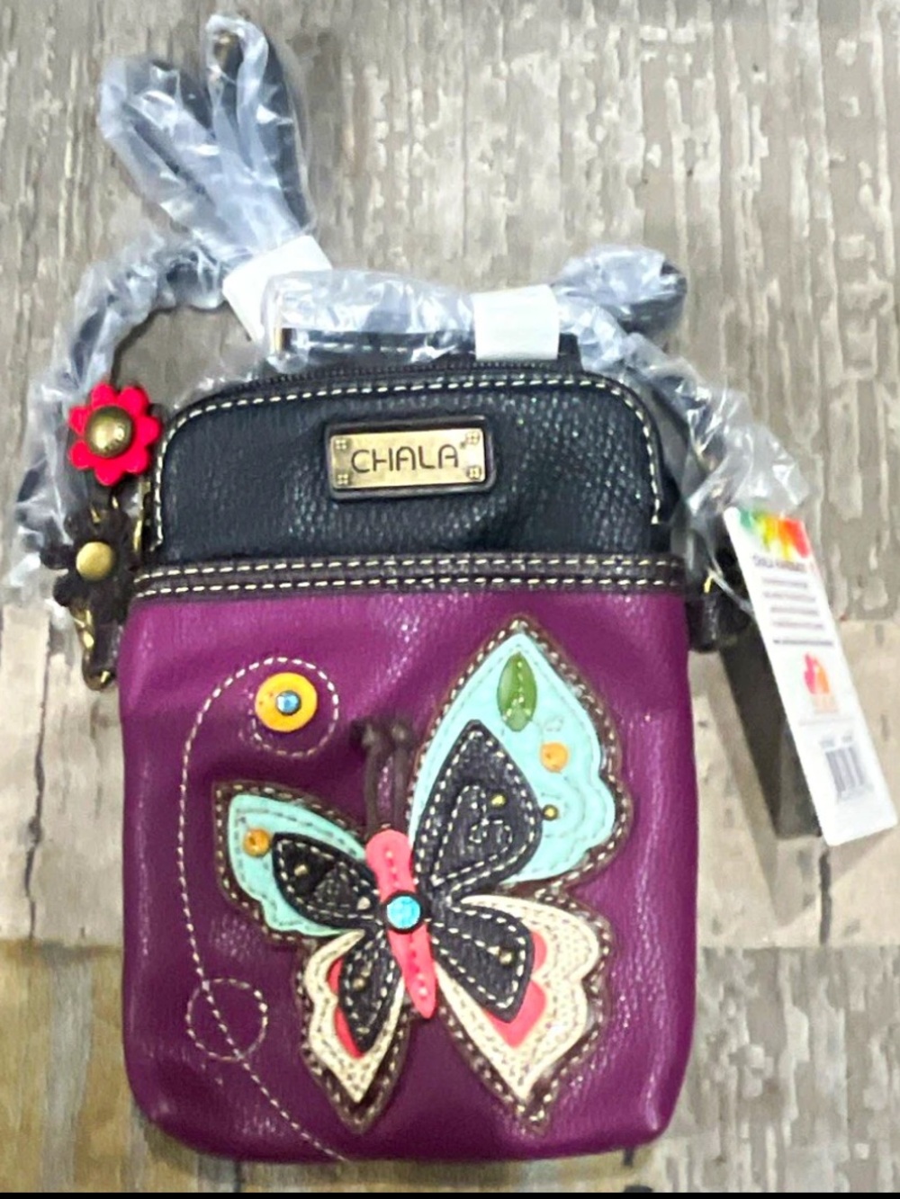 Chala Purple Butterfly Crossbody Pouch with Teal Accents